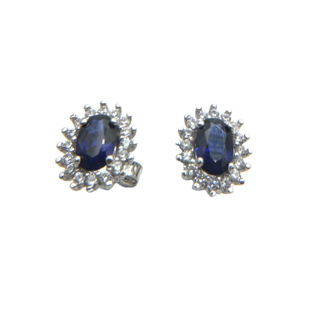 18KT White Gold Stud Earrings with Blue and White Zircons