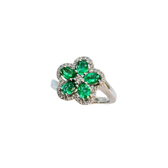 White Gold Ring with Oval-Cut Emeralds and Diamonds