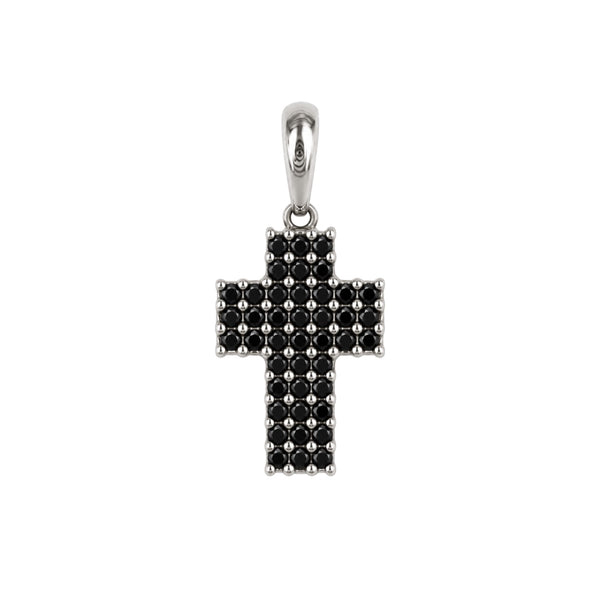 Ciondolo Handmade Croce in Oro Bianco 18 KT Reversibile con Zirconi Bianchi e Neri CND11