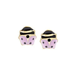 Amen Baby Girl Stud Earrings with Pink and Black Enameled Ladybug