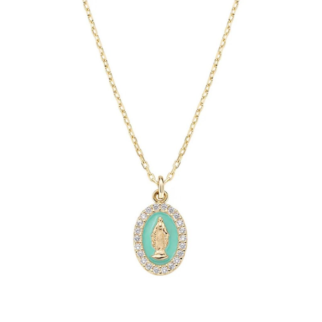 Amen Mini Miraculous Medal Sea Green Enameled Necklace CLMISMGTI