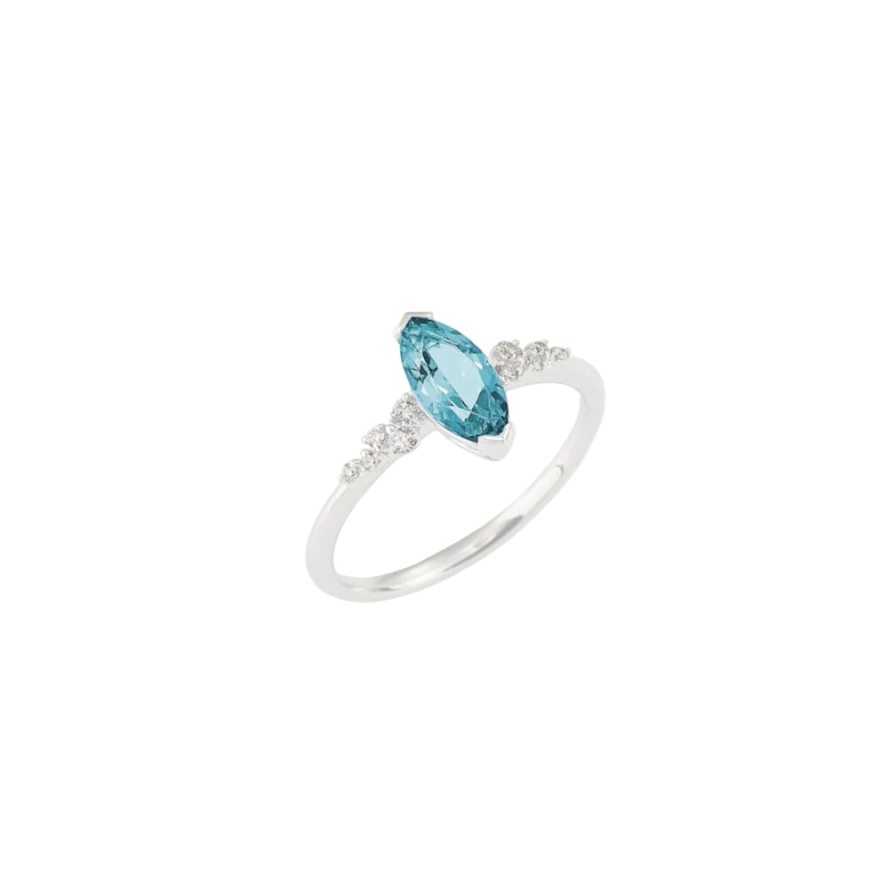 Geometric Ring with Navette Aquamarine and Diamonds