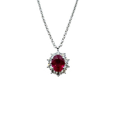 Collana Leo Pizzo in Oro Bianco con Pendente Rubino Taglio Ovale e Contorno di Diamanti COLP13
