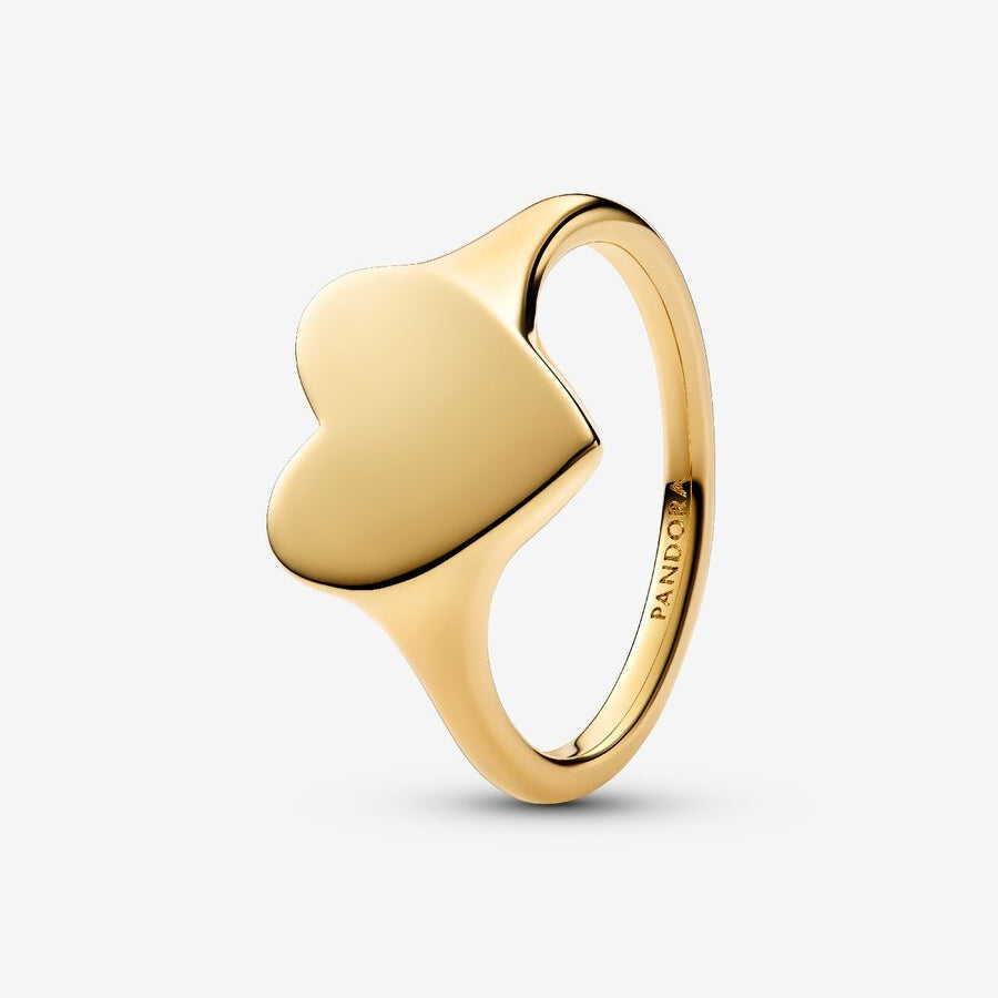 Anillo Pandora de corazón grabable con baño de oro de 14 k