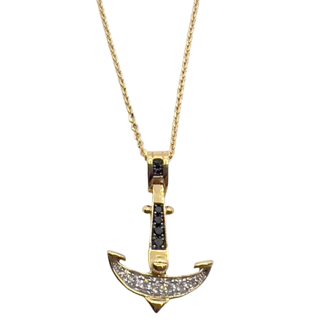 Zancan men's 18kt yellow gold anchor pendant necklace with black and white diamonds