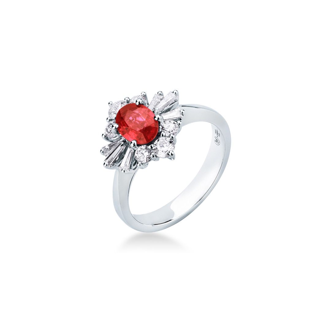 Mirco Visconti Ring with Ruby and Brilliant- and Baguette-Cut Diamonds