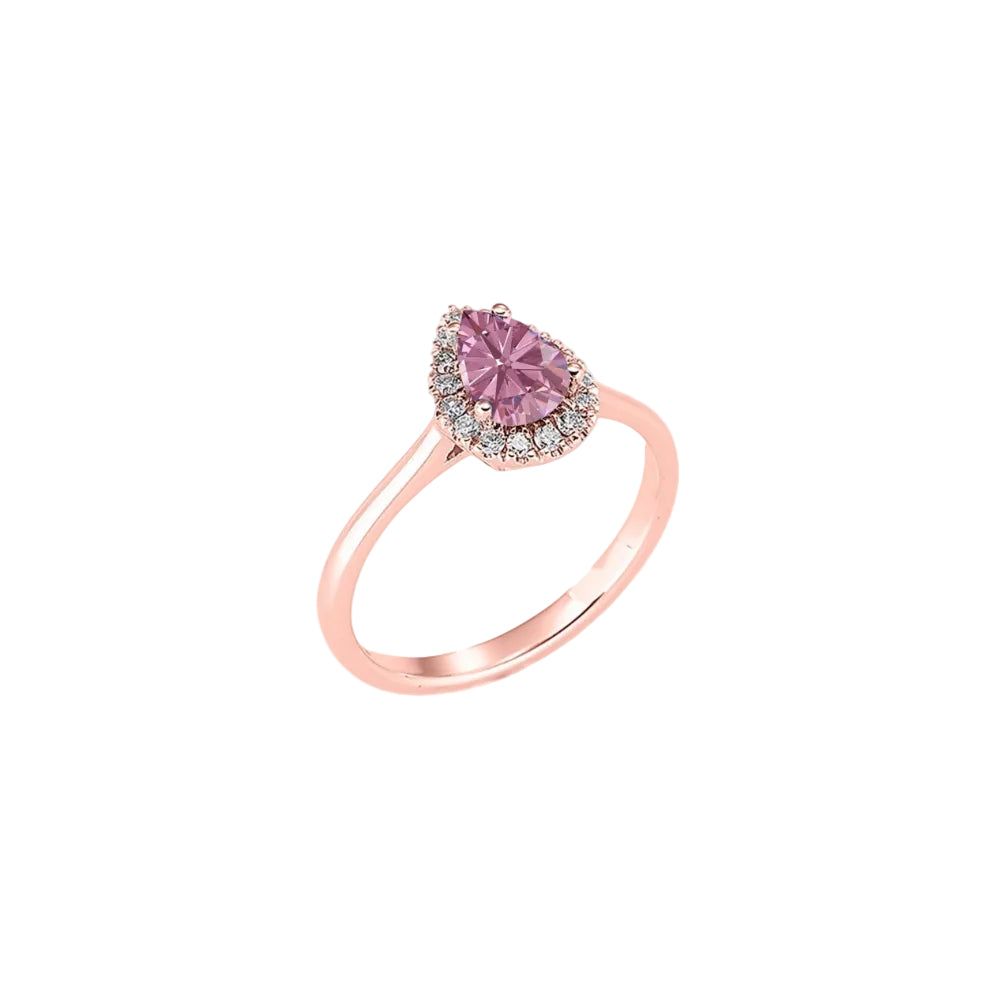 Anillo de oro rosa con zafiro rosa natural de talla gota y diamantes