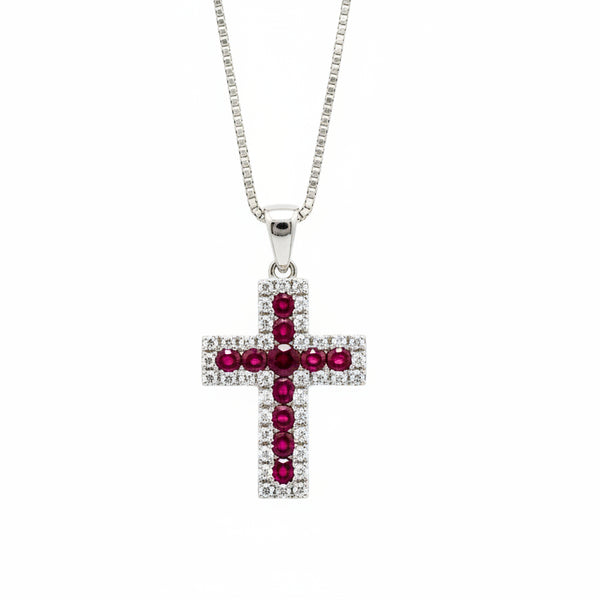 Collana Iannelli Hand Made realizzta in Oro Bianco con Croce Pendente con Rubini e Diamanti Naturali ART2121R
