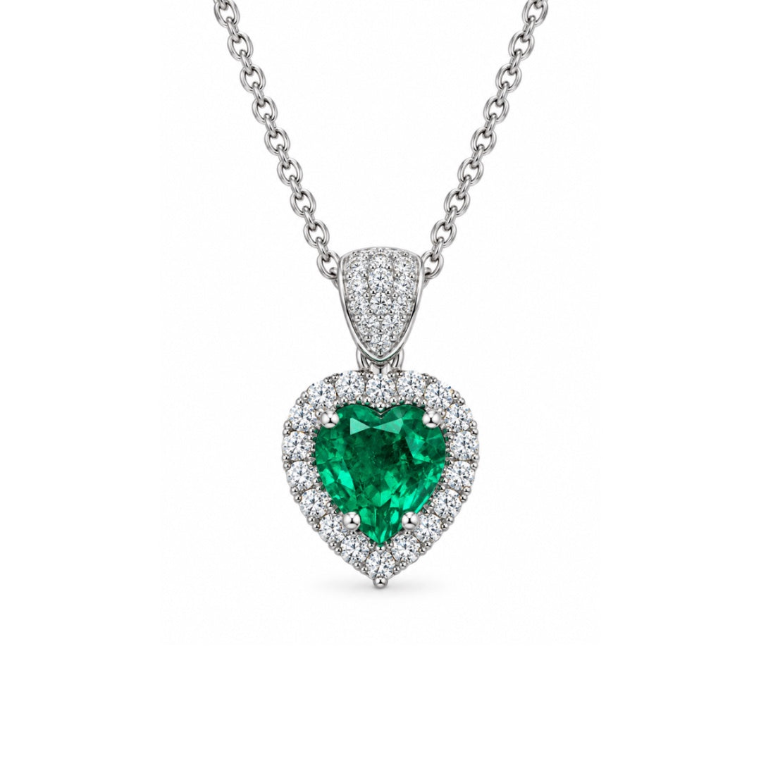 Collana Iannelli Handmade con Cuore in Oro Bianco 18 KT Smeraldo e Diamanti Naturali CLKHRT