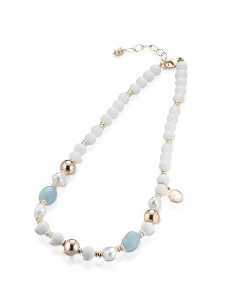 Lelune Necklace with White Agate, Pearls, Hematite and Aquamarine