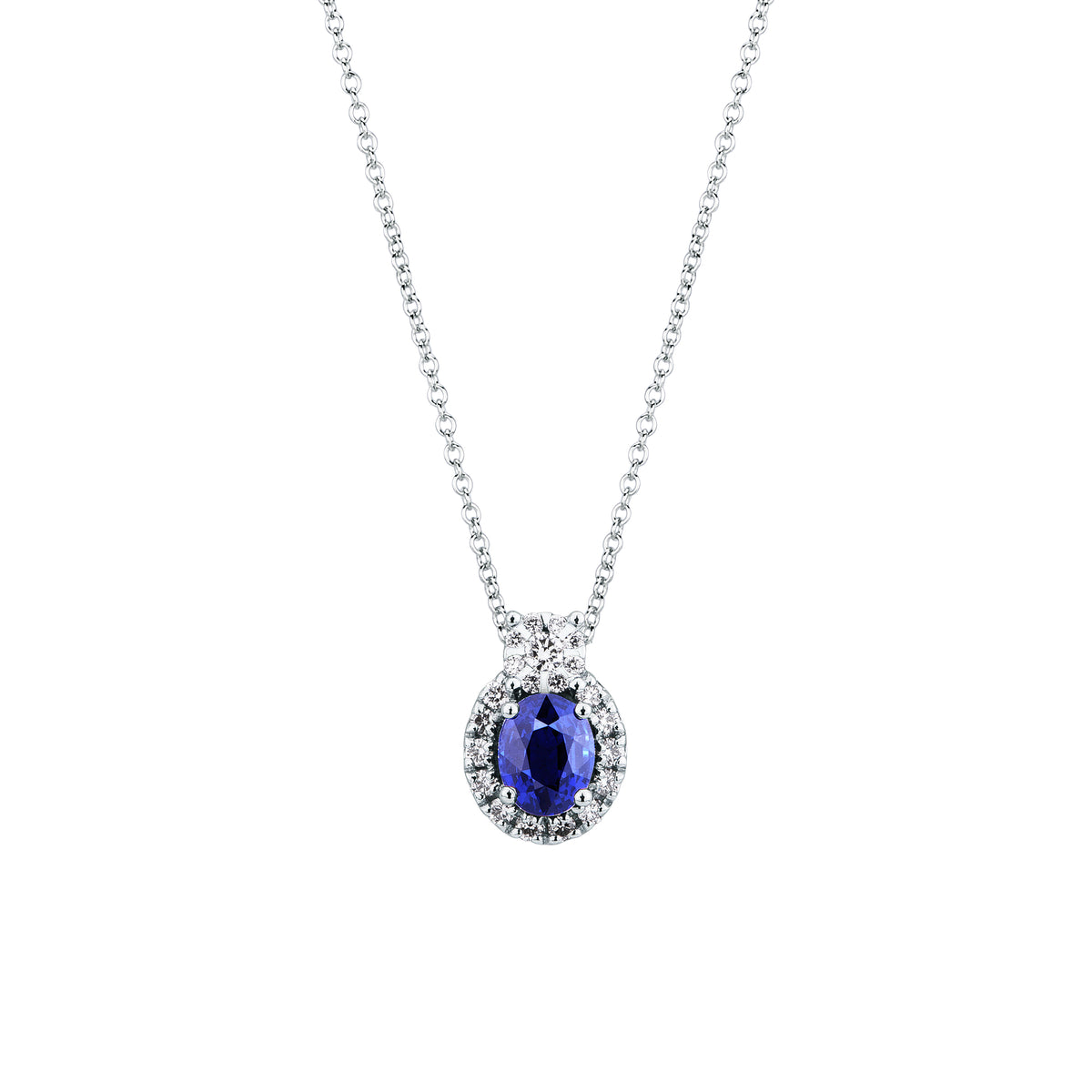Collar Mirco Visconti de oro blanco con colgante de zafiro de talla ovalada y diamantes