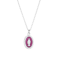 Amen Rhodium-Plated Necklace with Mini Miraculous Medal and Bordeaux Enamel