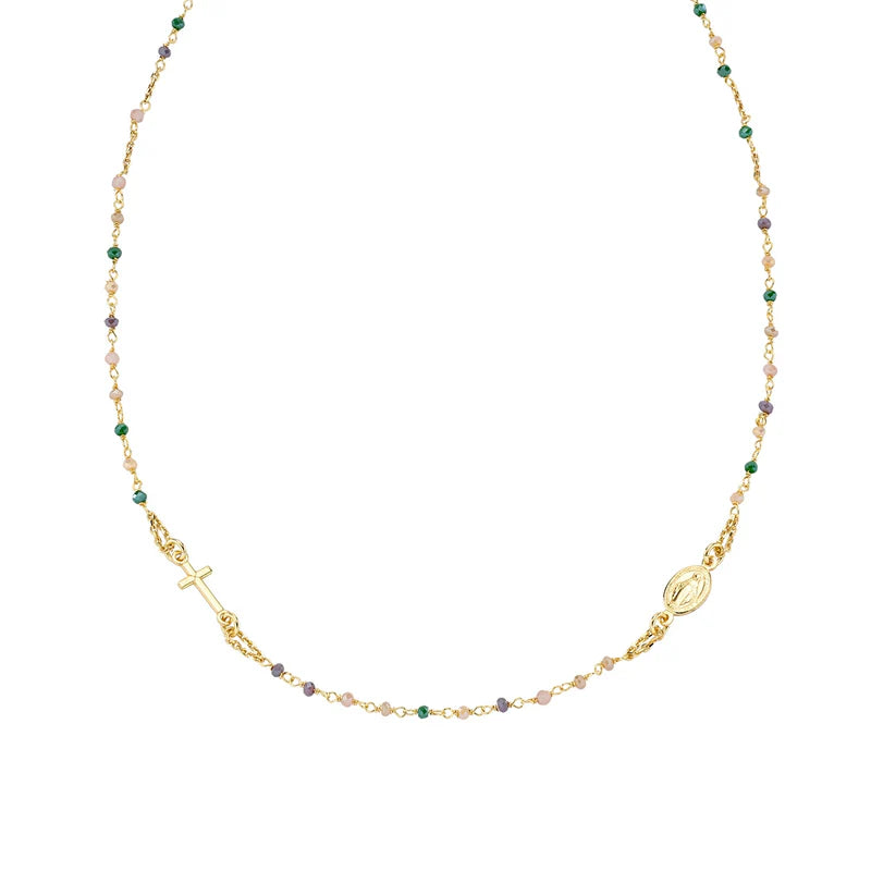 Amen Necklace Rosary Choker Gold Plated With Multicolor Crystals CRO10GTOVE3