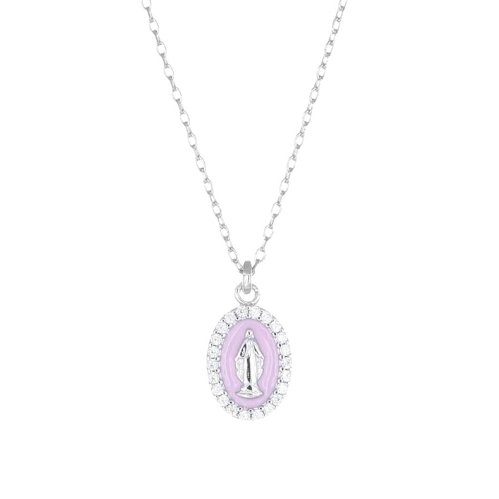 Amen Rhodium-Plated Necklace with Enameled Pink Miraculous Mini Medal CLMISMBRO