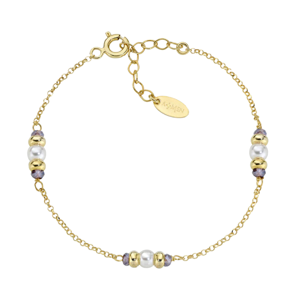 Pulsera Amén de Oro con Perlas y Cristales Verdes