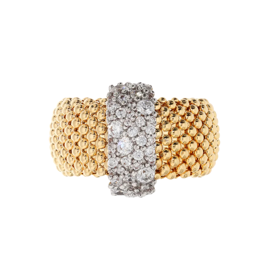 Anillo Bronzallure de malla dorada con diseño de palomitas de maíz y pavé de circonitas cúbicas