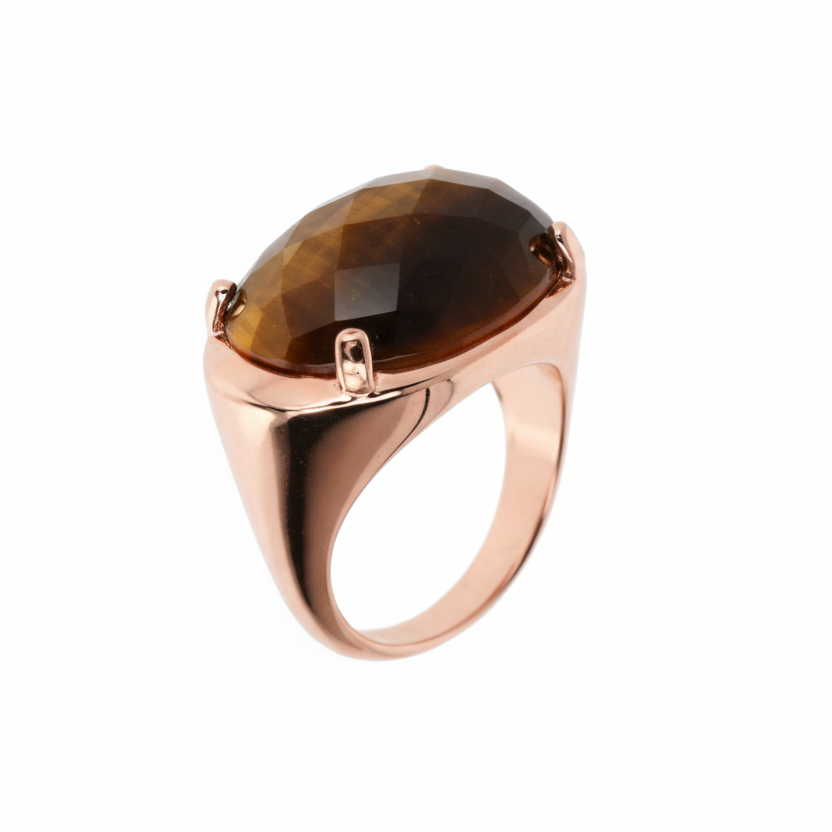 Anillo Bronzallure chapado en oro rosa con ojo de tigre natural de corte ovalado