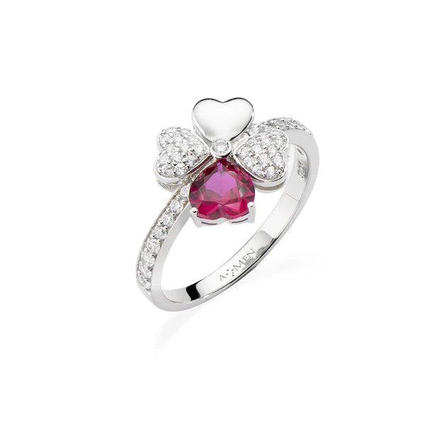 Amen Quadricuore Ring in Rhodium, White Zircons, and Ruby
