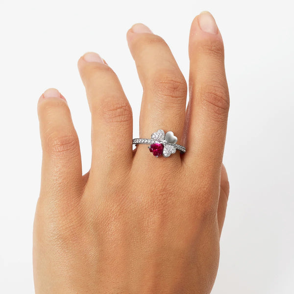 Amen Quadricuore Ring in Rhodium, White Zircons, and Ruby