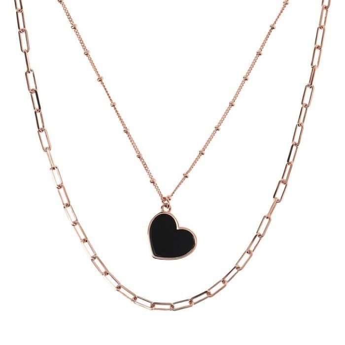 Collana Bronzallure Doppio Filo In Golden Rosè Con Cuore In Onice Nero WSBZ01890.BO