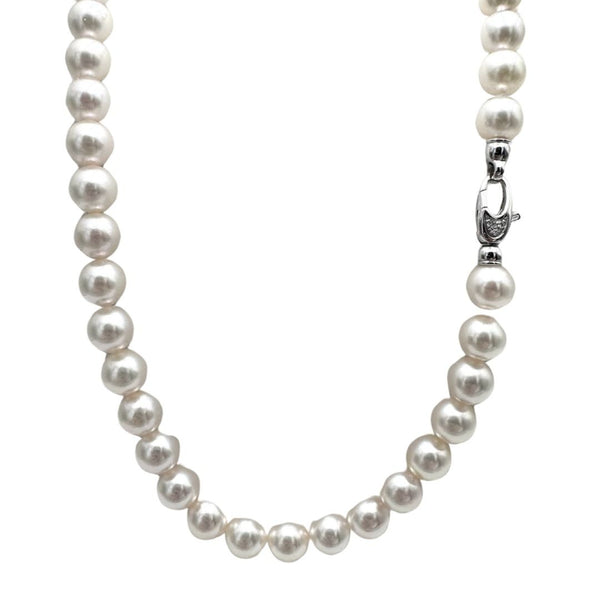 Collane con Perle Akoya 8 mm e Moschettone in Oro Bianco e Brillanti CLP006