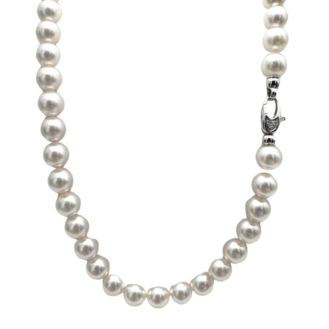 Collane con Perle Akoya 8 mm e Moschettone in Oro Bianco e Brillanti CLP006