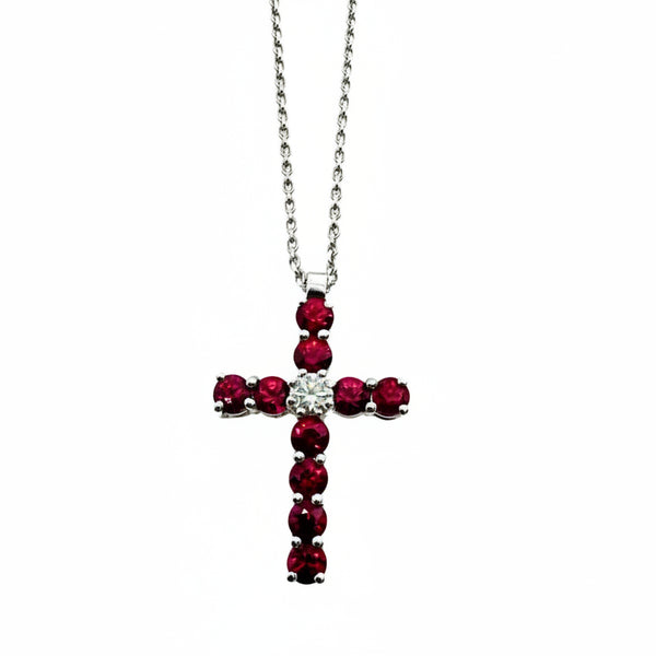 Collana Iannelli Hand Made in Oro Bianco con Croce Pendente con Rubini e Diamante Centrale GB3531R