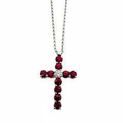 Collana Iannelli Hand Made in Oro Bianco con Croce Pendente con Rubini e Diamante Centrale GB3531R