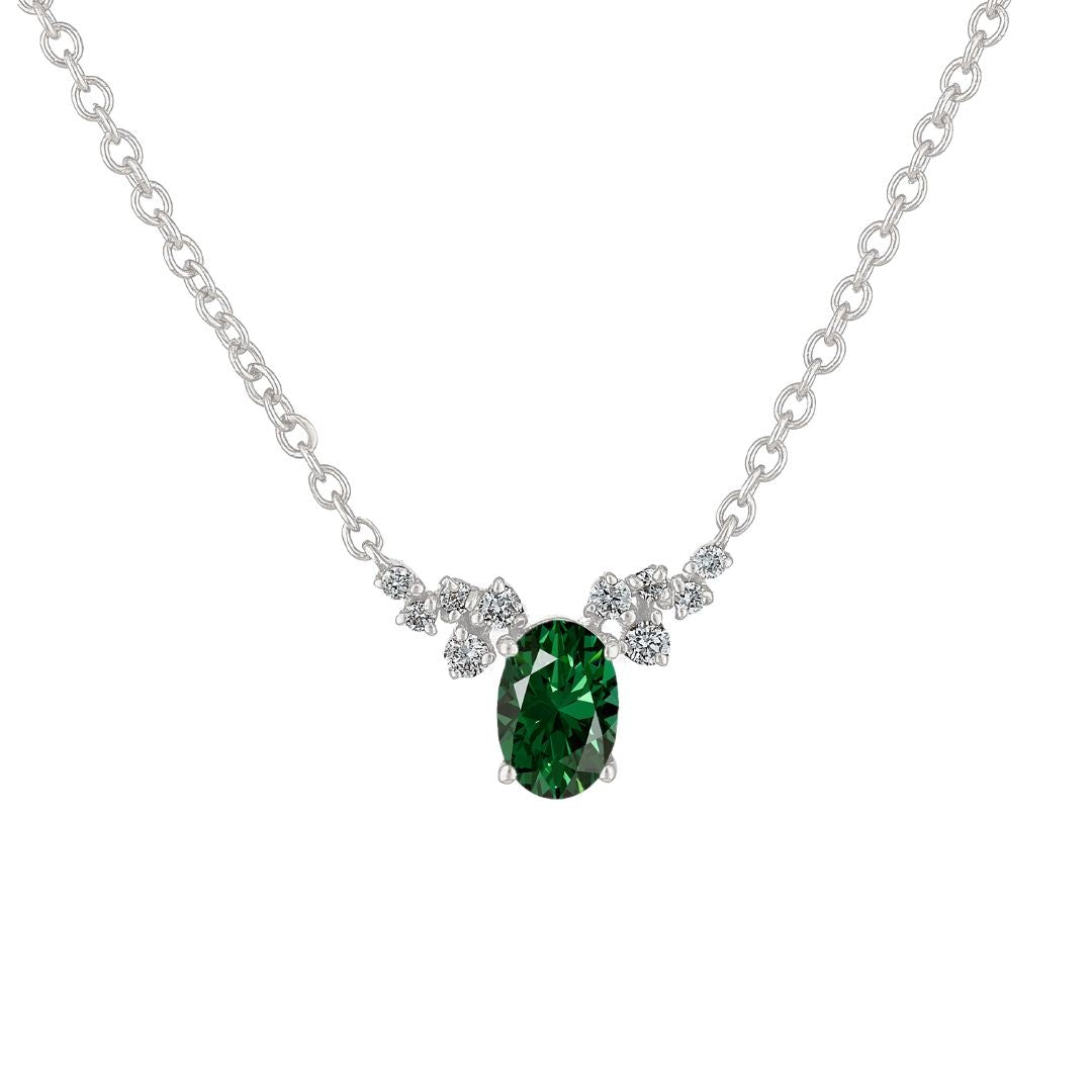 Geometric Necklace in White Gold with Oval Emerald and Diamonds