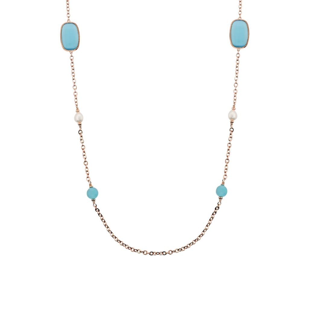 Collana Bronzallure Lunga con Pietre Effetto Occhio di Gatto e Perle d'Acqua Dolce
