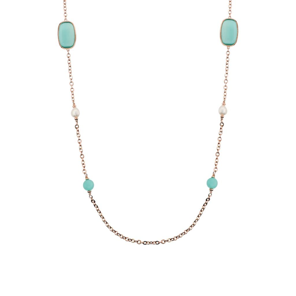 Collana Bronzallure Lunga con Pietre Effetto Occhio di Gatto e Perle d'Acqua Dolce -