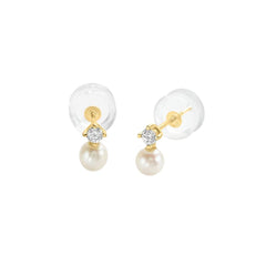 Stroili Bon Ton Yellow Gold 9 KT Stud Earrings, Freshwater Pearl And Cubic Zirconia 1400978