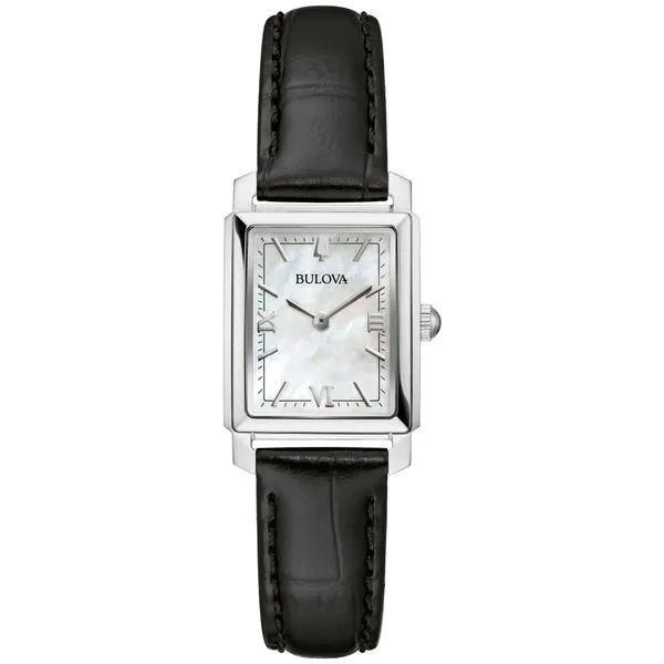 Reloj rectangular Bulova para mujer con esfera de nácar y correa de piel