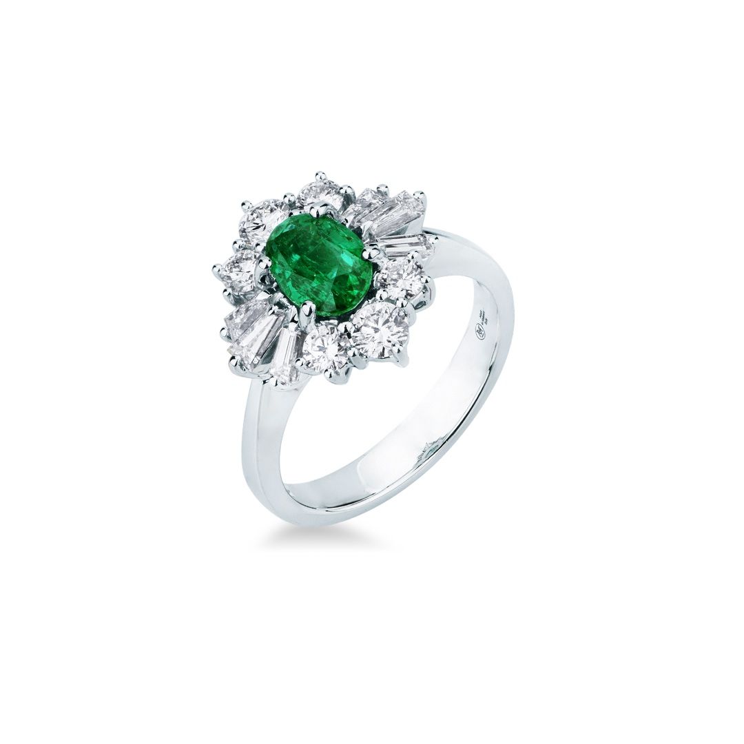 Anillo Mirco Visconti con esmeralda y diamantes talla baguette y brillante