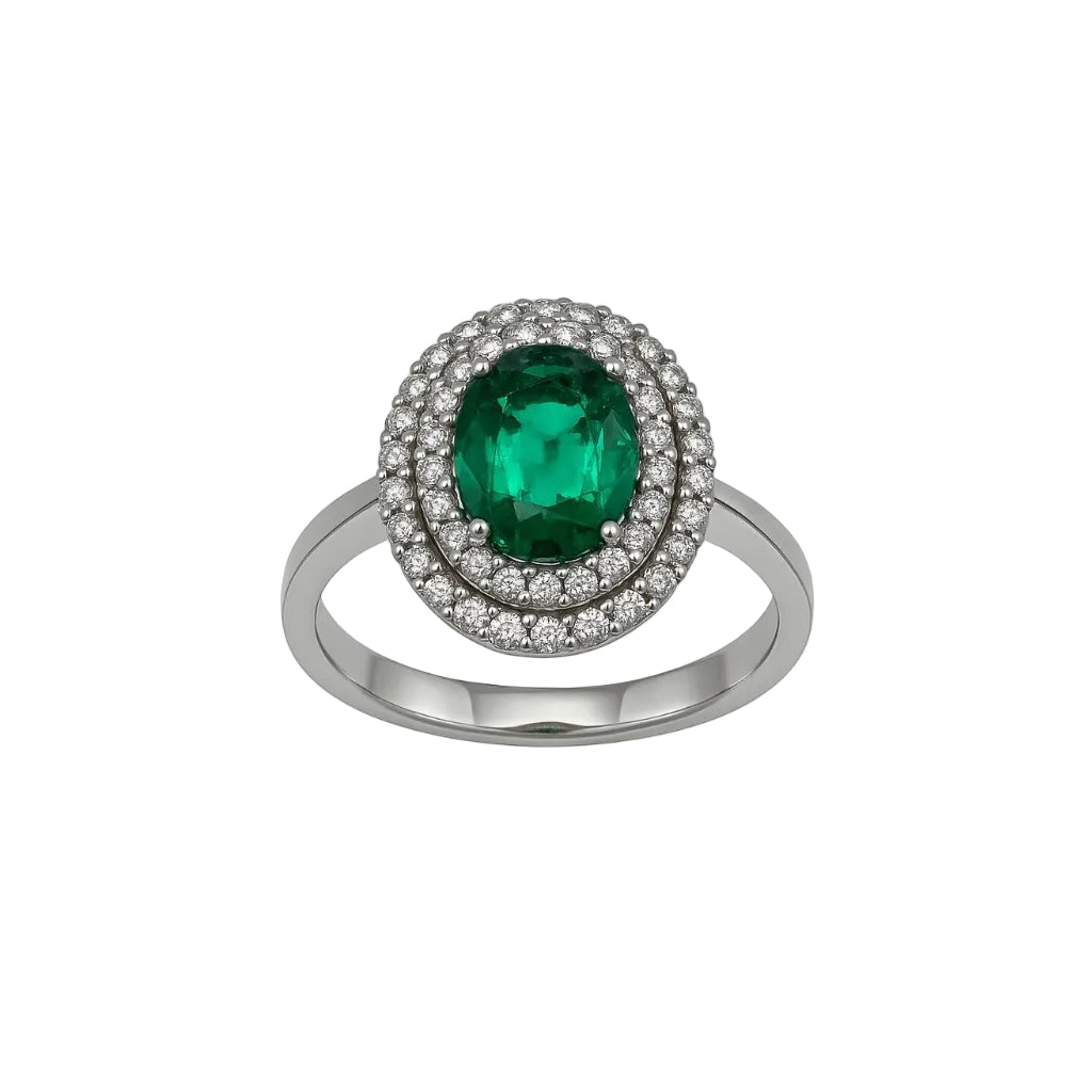 Anillo Bibigi con rubí, esmeralda y zafiro con doble diamante envolvente