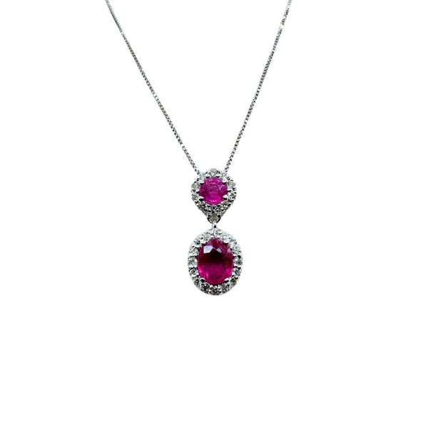 Collar Bibigi' en Oro Blanco con Doble Colgante con Rubíes Talla Brillante y Ovalada y Rodeado de Diamantes