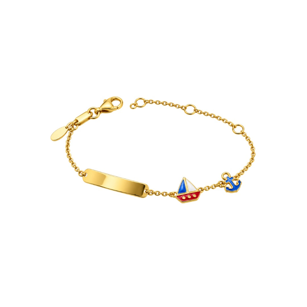 Bracciale Handmade bimbo in Oro giallo 18 KT con Targhetta, Barca e Ancora Smaltate BR176