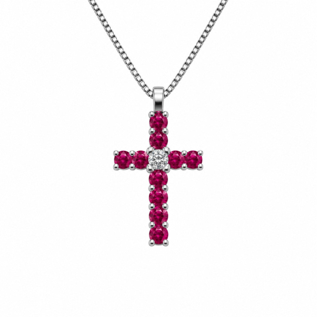 Collana Iannelli Handmade Croce in Oro Bianco 18 KT Rubini e Diamanti Naturali 22678
