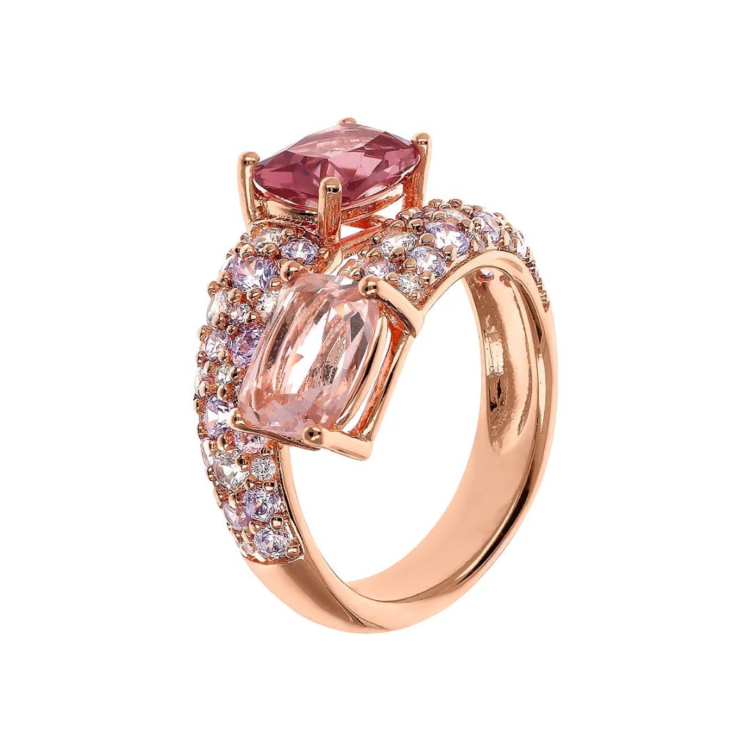 Anillo Bronzallure Contrarié con gema prismática de corte mosaico y pavé de circonitas cúbicas de morganita