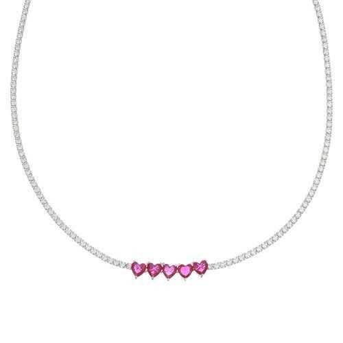 Collar de tenis Amén con cinco corazones de rubí