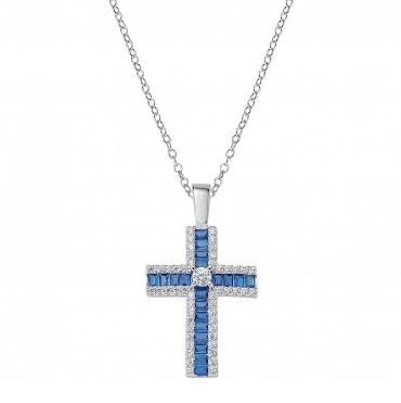 Collar Amén con Cruz de Baguette Azul y Circonitas Blancas