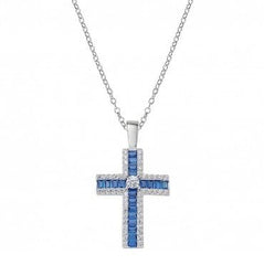 Collana Amen Con Croce Di Zirconi Blu Baguette E Bianchi CLCRBABBBLZ