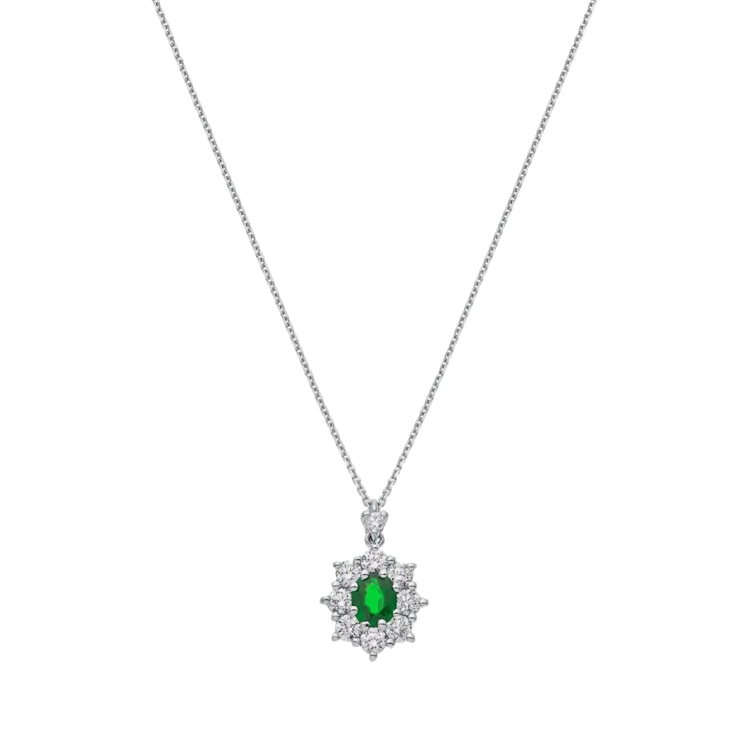 Golay White Gold Necklace with Pendant featuring a 0.24 ct Oval-Cut Natural Emerald and 0.46 ct Diamonds