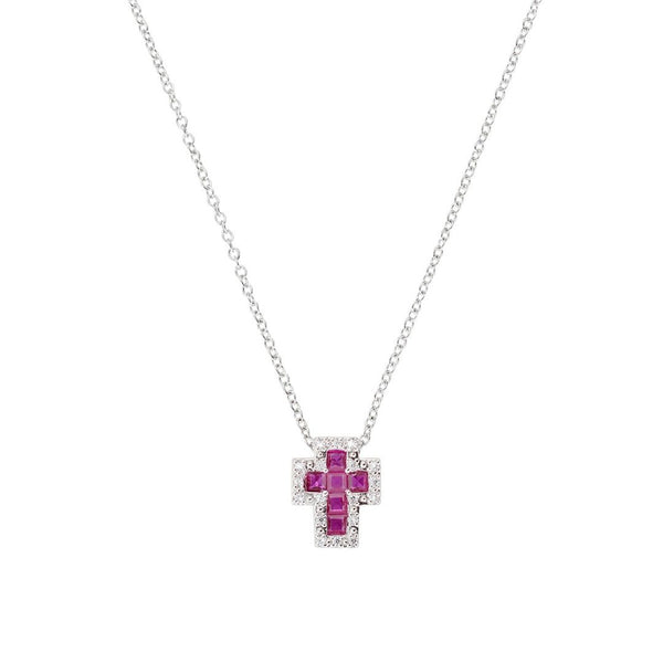 Collana Amen Mini Con Croce Con Zirconi Bianchi E Rubino CLCRREBBRZ3