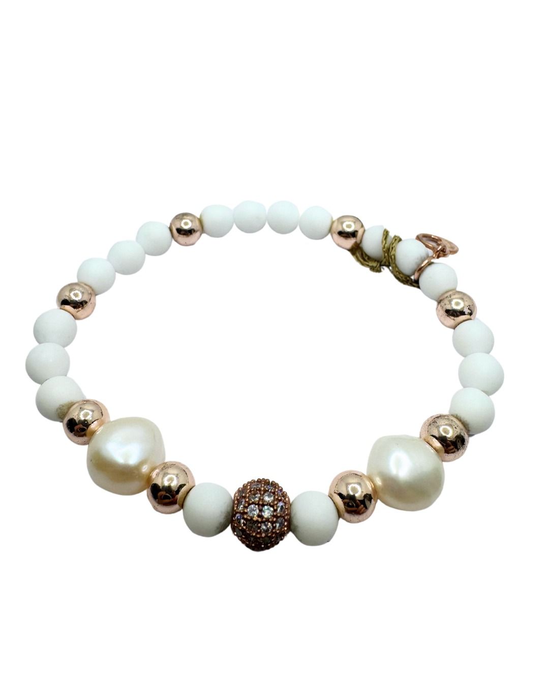 Bracciale Lelune Elastico con Agata Bianca, Ematite e Perle