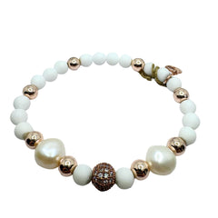 Lelune Elastic Bracelet with White Agate, Hematite and Pearls