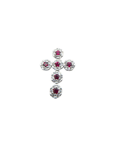 White Gold Pendant Cross with White and Red Zircons