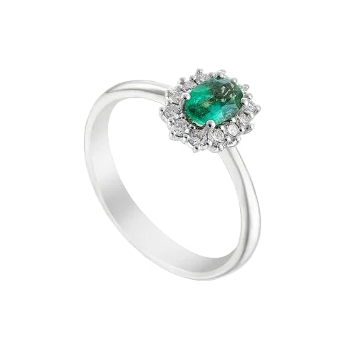 Golay White Gold Ring with Oval-Cut Natural Emerald and Natural Diamonds