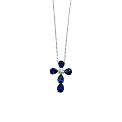 Leo Pizzo White Gold Necklace with Pendant Cross with Drop-Cut Sapphires and Diamonds