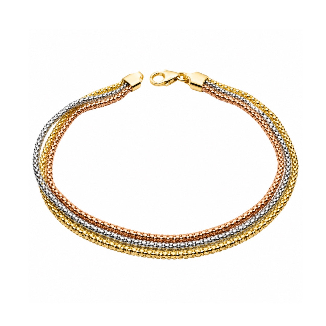 Bracciale Handmade Tre Ori Maglia Pop Corn in Oro 18 KT BRFPTR